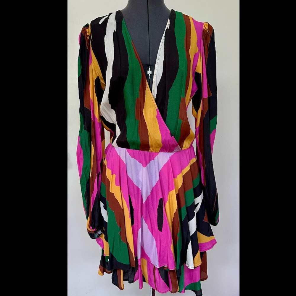 NEW MEGAN RENEE TABITHA STYLE COLORFUL PRINT DRESS RUFFLE PUFF SLEEVES M NWOT
